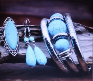 Turquoise Boho Jewelry Set Layered Adjustable Bracelet Cut Out Ring & Earrings - Picture 1 of 8
