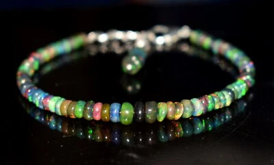 Opal Bracelet Ethiopian Black Opal Gemstone Fire Beads 7.5"Bracelet F1716 - Image 1 of 4