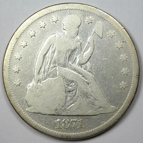 1871 Seated Liberty Silver Dollar $1 - Fine Details- Rare Early Coin! Cover