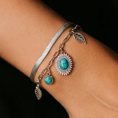 Damenarmband Edelstahl Armband silberfarben mit türkisfarbenen Steinen Federn - Bild 1 von 4