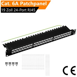 Patchpanel Patchfeld Cat. 6A 19 Zoll 24-Port RJ45 geschirmt Rackeinbau 1HE Black - Afbeelding 1 van 11