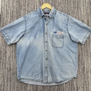 VTG USPS Jerzees Distressed Faded Blue Chambray Denim Shirt Men’s Large Grunge - Picture 1 of 12