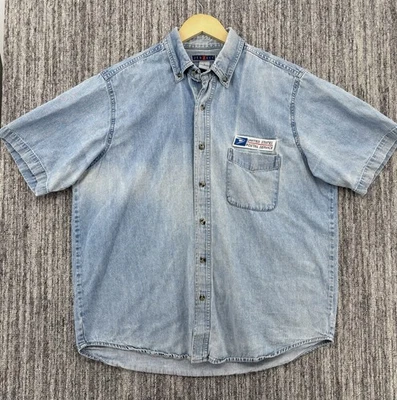 VTG USPS Jerzees Distressed Faded Blue Chambray Denim Shirt Men’s Large Grunge - Image 1 of 4