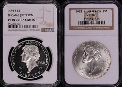 1993-P&S Thomas Jefferson Silver Dollar Commemorative Set NGC MS-70 & PF-70 UC - Image 1 of 2