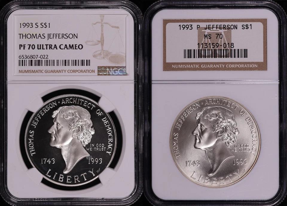 1993-P&S Thomas Jefferson Silver Dollar Commemorative Set NGC MS-70 & PF-70 UC - Image 1 of 2