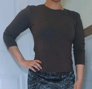 Leggiadro Small Brown 3/4 Sleeve Shirt Classic Modal Tee Round Neck Cotton Blend - Picture 1 of 7