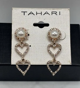 Tahari Crystal Double Heart Faux Pearl Rose Gold Tone Dangle Stud Earrings 1.5' - Picture 1 of 7