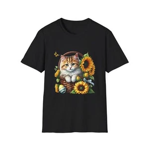Adorable Cat & Sunflowers Tee, Cute Kitty Shirt, Spring Fashion, Animal Lover - Picture 1 of 23