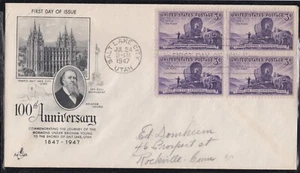 USA 1947 FIRST DAY COVER UTAH CENTENNIAL IN BLOCK OF 4 + CACHET - Picture 1 of 1