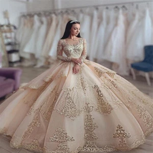 Vestidos de quinceañera apliques dorados mangas largas lentejuelas dulces 15 16 vestidos de baile - Imagen 1 de 13