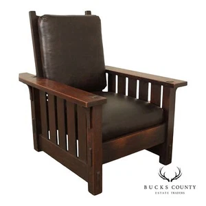 Gustav Stickley Antique Mission Oak and Leather Morris Chair - Picture 1 of 12