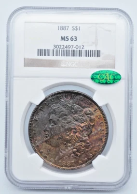 Dólar de plata Morgan 1887-P NGC y CAC MS 63 anverso tonificado único - U1063 Foto 1 de 4