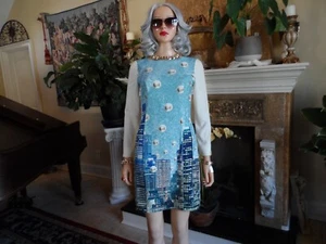 Vestido Moschino CheapandChic Marfil/Azul Claro Ciudad Skyline Estampado Línea A Talla 6 - Imagen 1 de 19