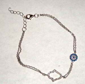 Women's 925 Sterling Silver Double Chain Bracelet EVIL EYE Two Pendants Crystals - Picture 1 of 4