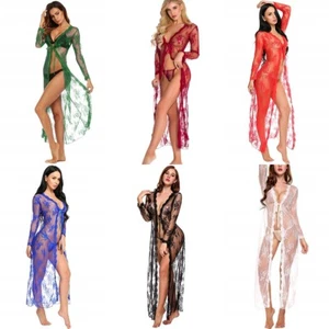 Lingerie for Women Sexy Long Lace Dress Sheer Gown See Through Kimono Robe US - Picture 1 of 37