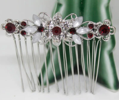 SILVER hair comb bridal wedding RED crystal rhinestone hair accessories h3306 - Image 1 of 4