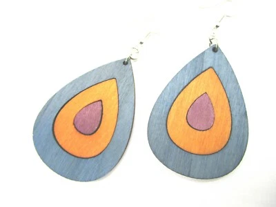 Pendiente Madera Lágrima Gris, Naranja y Rosa - Joyería Madera Pintada  Foto 1 de 4