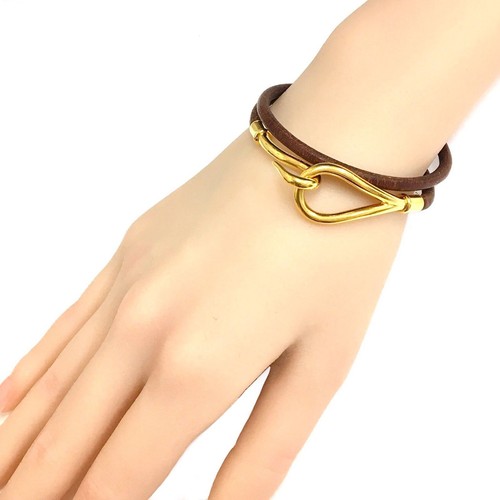 HERMÈS Bracciale doppio HERMES JUMBO braccialetto pelle marrone tono argento senza scatola ottimo