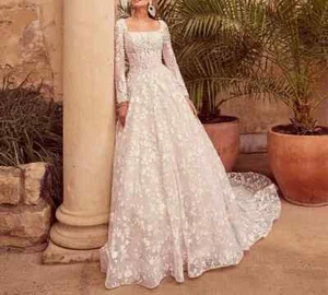 Bohemain Long Sleeves Wedding Dresses Lace Appliques A Line Bridal Gowns - Picture 1 of 10