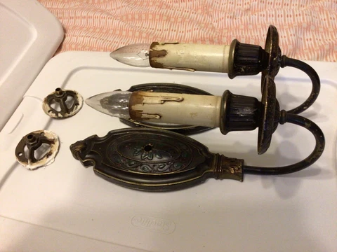 Antique Victorian Federal Black Paint Brass Pan Wall Sconce Lamps Light Fixtures Cover