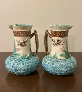 Antique Pair Majolica Eureka Bird in Flight Blue Basketweave Pitchers c1883 USA - Picture 1 of 17