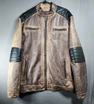 Buckle Black Moto Faux Leather Jacket Brown Motorcycle Chopper Elbow Pads - Image 1 of 4