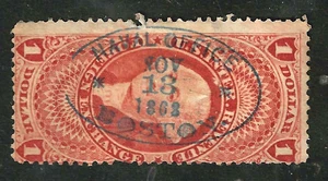 NAVAL OFFICE BOSTON 1863 1 Dollar Revenue US 16-8-61 - Picture 1 of 2