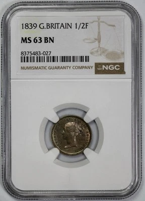 1839 Great Britain 1/2 Half Farthing NGC MS 63 BN Brown - Image 1 of 4