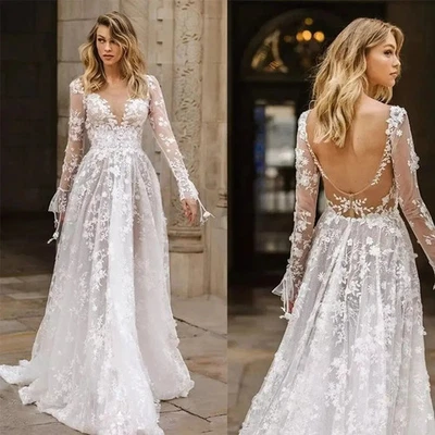 Vestido de novia de lujo línea A manga larga flores encaje apliques cuello en V vestido de novia Foto 1 de 4