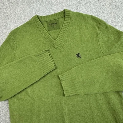 Express Lambswool V Neck Sweater Womens Large Green Embroidered Logo Preppy Y2K - Image 1 of 4