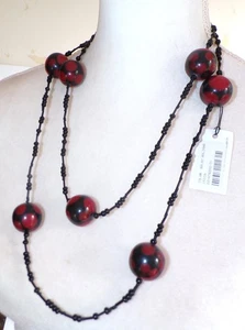 Sobral Bolas Bolinha Longo Black & Red Polka Dot Inclusion Orb Bead 60" Necklace - Picture 1 of 5