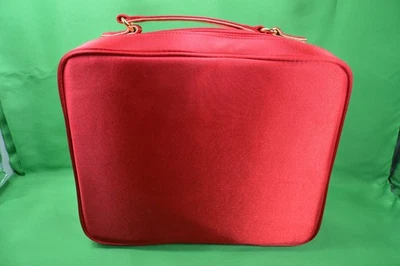 Bolso Estee Lauder rojo satinado, estuche bolsa de maquillaje para pasar la noche, acolchado, asa de transporte Foto 1 de 4