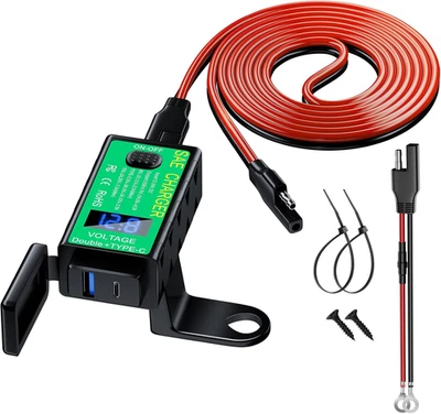 Carregador de telefone de motocicleta, total 60W 6.8A USB duplo tipo C PD & QC 3.0 motocicleta  - Imagem 1 de 4