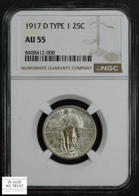 1917 D Type 1 Standing Liberty Silver Quarter 25C NGC AU 55 - Image 1 of 4