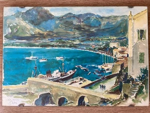 GALUI? Pintura Paisaje Acuarela FIRMATURA España Puerto 1960 Años Marco Cristal - Imagen 1 de 7