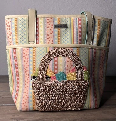 Bolso de Mano Longaberger Pascua con Bolsillos Interior y Exterior Tela a Rayas de Primavera Foto 1 de 4