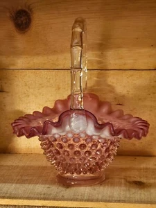 Fenton Pink/Cranberry Glass Opalescent Hobnail Crimped 8” Basket Handle - Picture 1 of 5