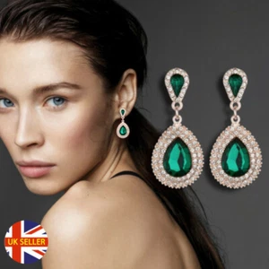 Vintage Classic Teardrop Shape Green Cubic Zirconia Crystal Drop Dangle Earrings - Picture 1 of 12