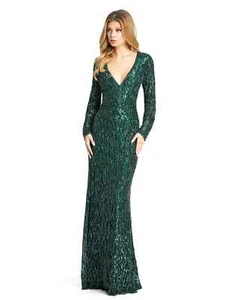 Mac Duggal Dress 5451 Womens Plus Size 18 Green Long Sleeve Beaded Sequin V Neck - Picture 1 of 16