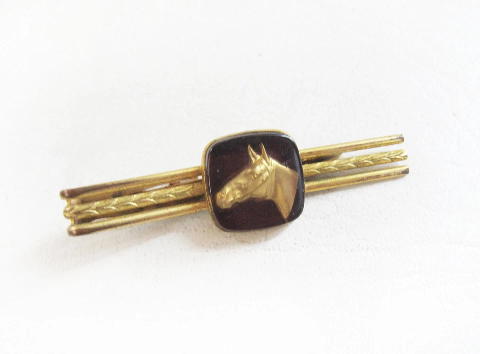 Vintage Mid Century MCM Hickok Gold Plate Lucite Horse Head Tie Bar - Image 1 of 1
