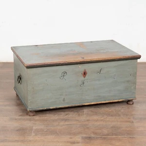 19th Century Original Blue Painted Pine Flat Top Trunk from Sweden - Picture 1 of 10