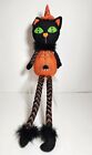 Halloween Black Cat Shelf Sitter Spider Web Orange Plush Cute Spooky Decor