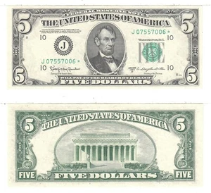 1950 D $5 Kansas City District Federal Reserve Star Note Fr 1965-J* Unc. #006 - Picture 1 of 3