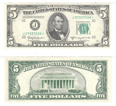 1950 D $5 Kansas City District Federal Reserve Star Note Fr 1965-J* Unc. #006 - Image 1 of 3