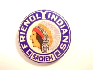 old "Friendly Indian Sachem" colorful pin with A.J. Meyers label on rev. - Picture 1 of 4