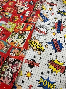 Tessuto di design effetto lino cotone tappezzeria, tende fumetto crash pow - Foto 1 di 12