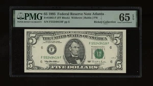 DBR 1995 $5 Atlanta Gem Fr. 1985-F PMG 65 EPQ Serial F55249419F - Picture 1 of 2