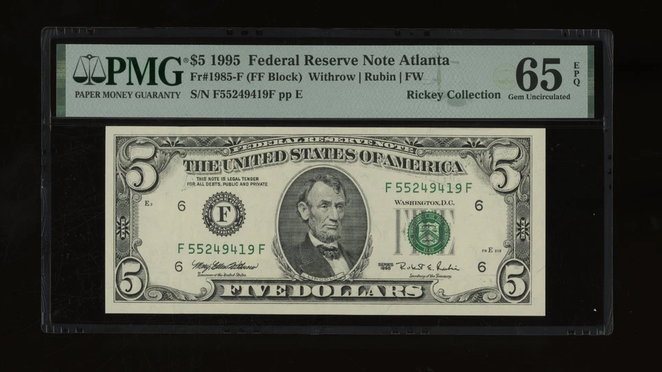 DBR 1995 $5 Atlanta Gem Fr. 1985-F PMG 65 EPQ Serial F55249419F - Image 1 of 2