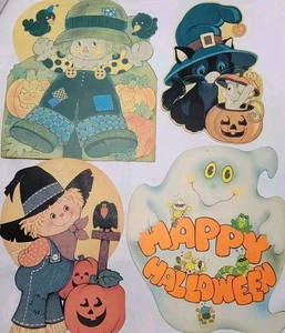 4 Vtg Halloween Die Cuts Black Cat Jack O Lantern Scarecrows Ghost Ambassador - Picture 1 of 13