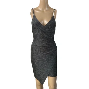 Windsor Dress Womens Small Gray Bodycon Metallic Ruched Asymmetrical V Neck - Picture 1 of 17